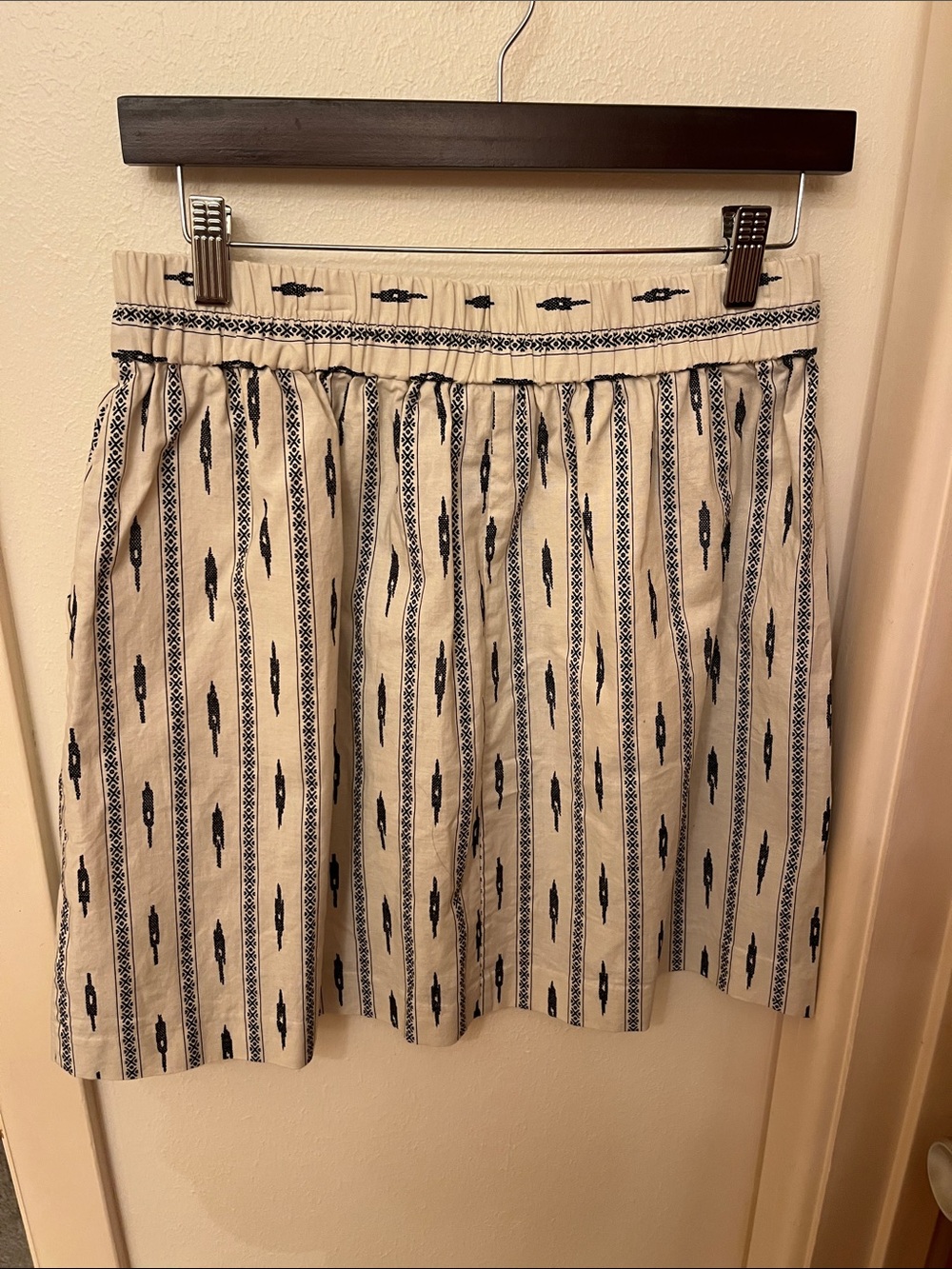LOFT Cream A-Line Skirt with Navy Geometric Stripe
